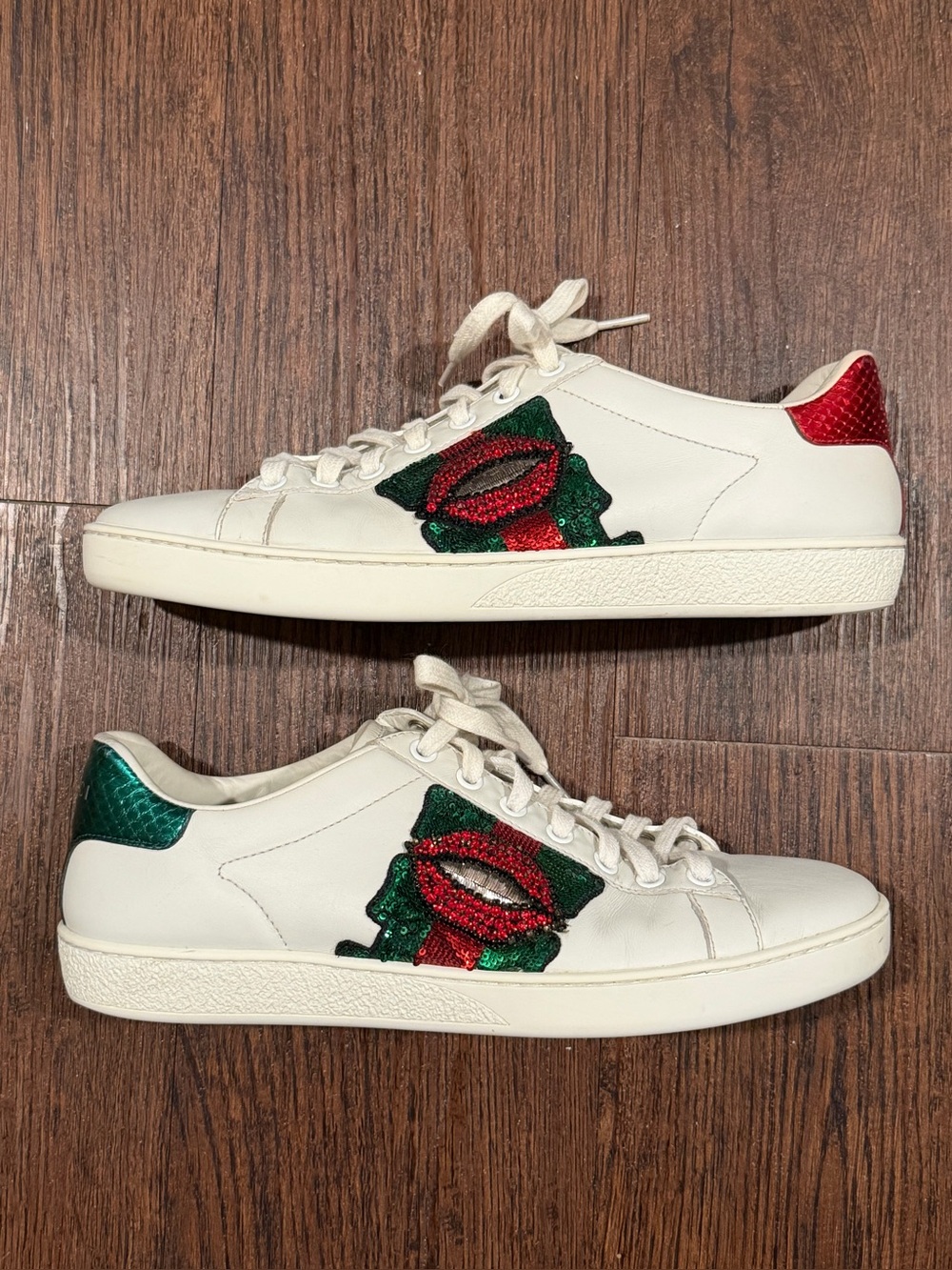 Gucci womens Ace Low Lips Sequin sneakers White size 38.5
